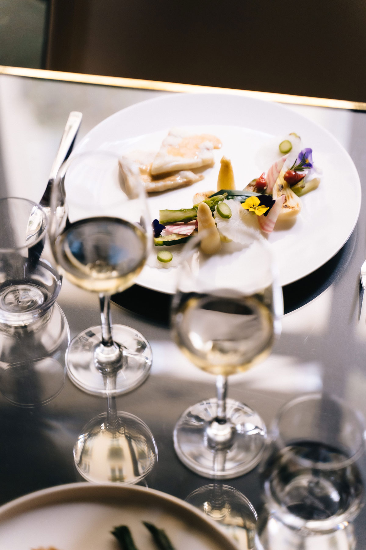 a plate of food and wine glasses on a table