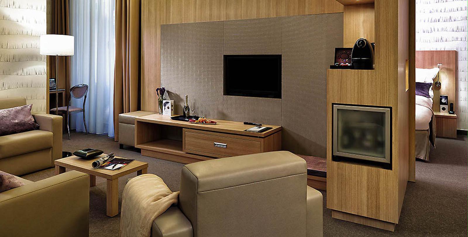 a room with a television and a table