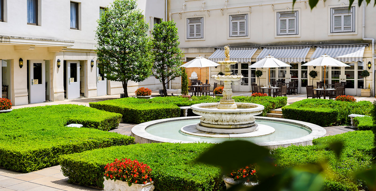 a fountain in a courtyard