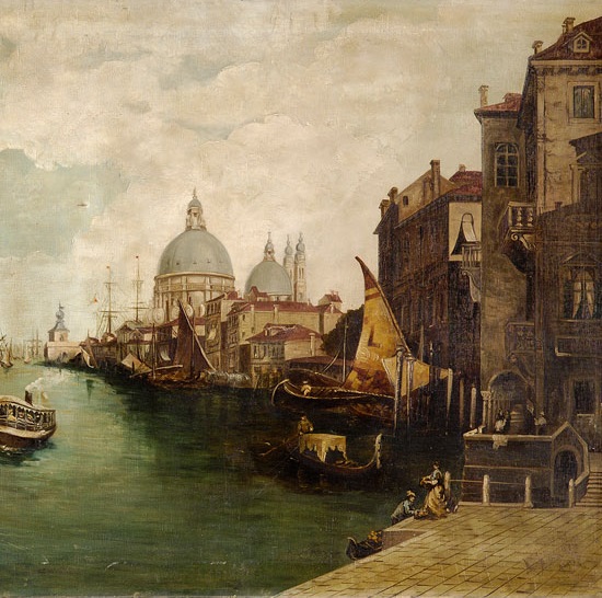 a painting of a city with boats on the water