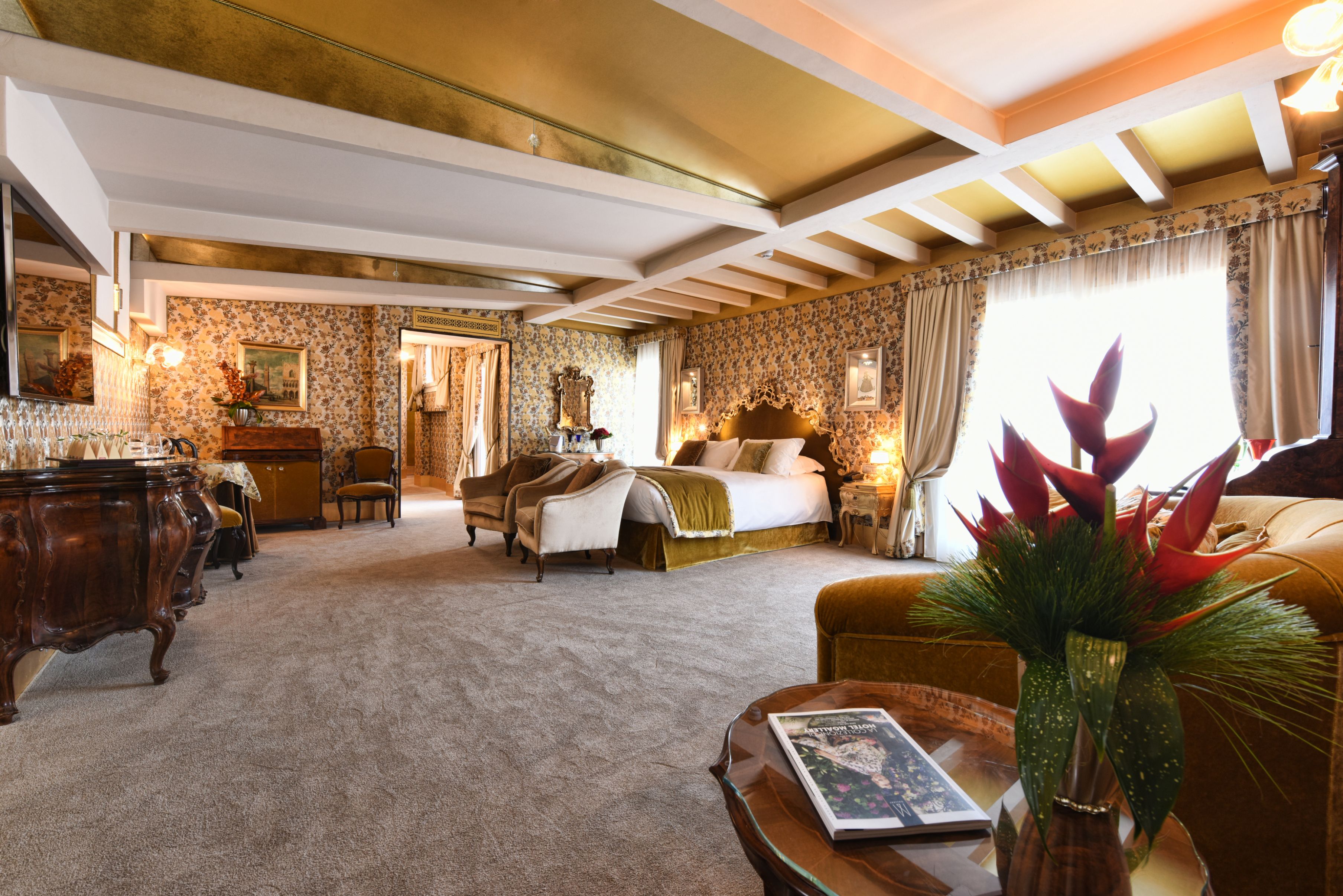 a room with a bed and a table