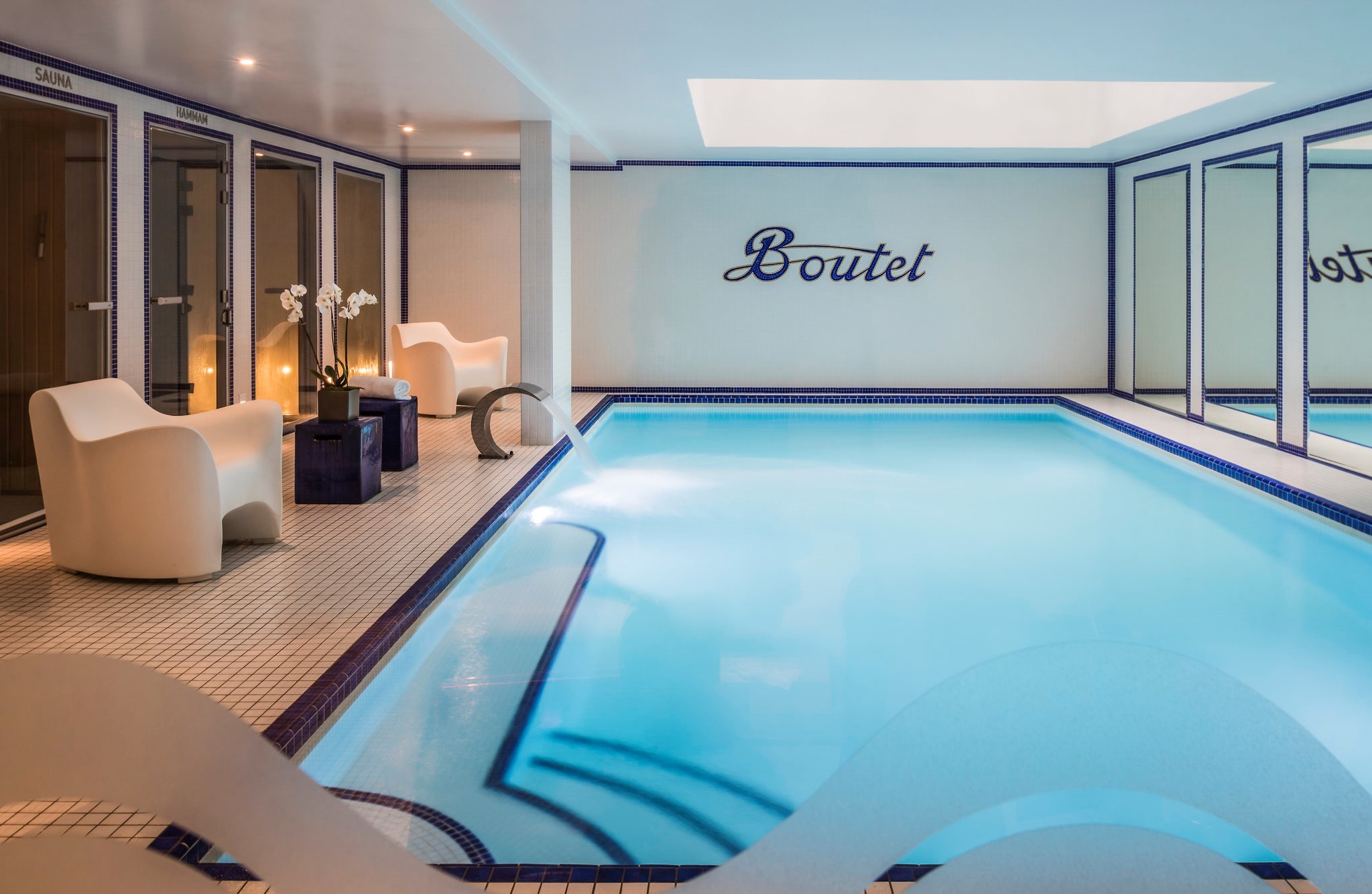 a swimming pool inside a room