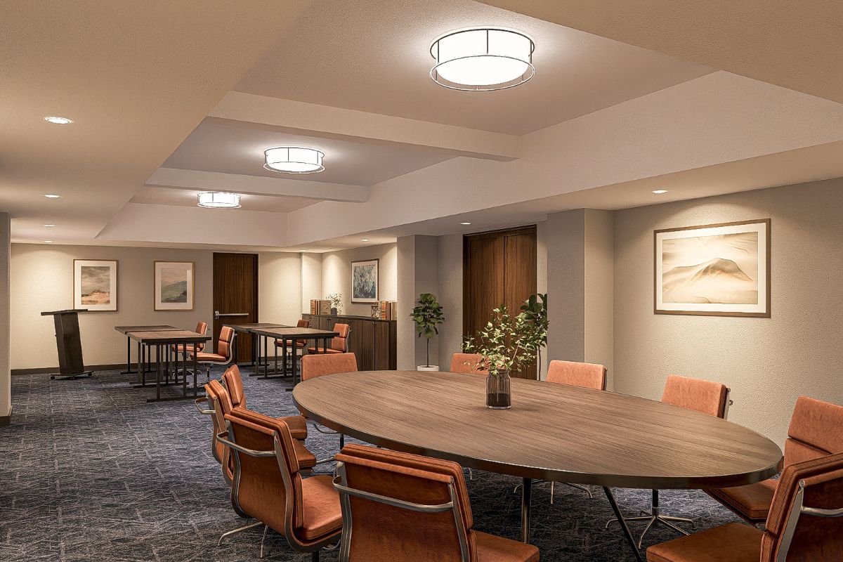 a room with a table and chairs