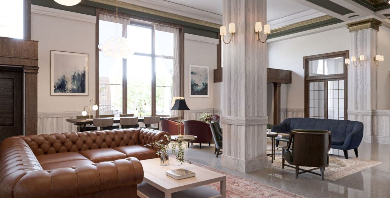 a room with a couch and a table