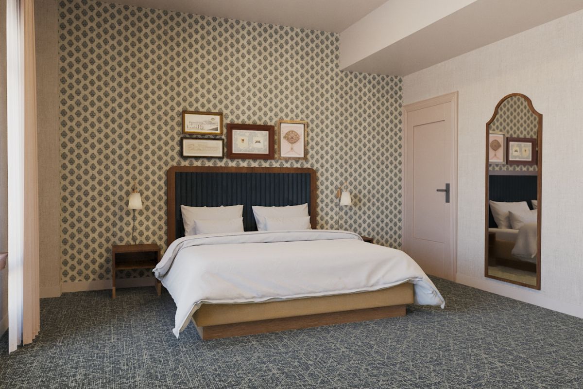 a bedroom with a bed and a door