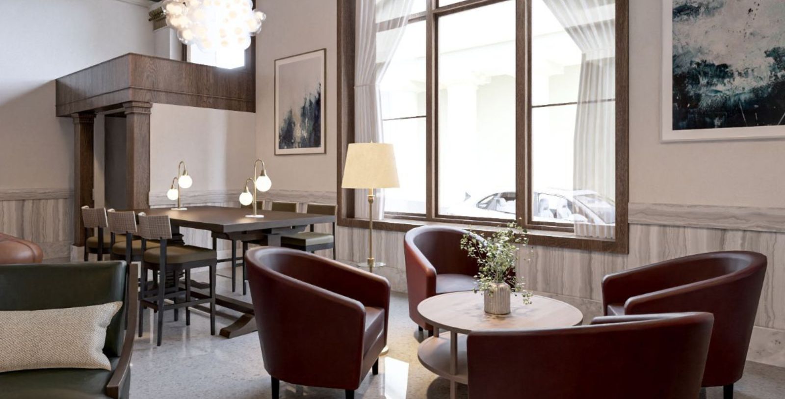 a room with chairs and tables