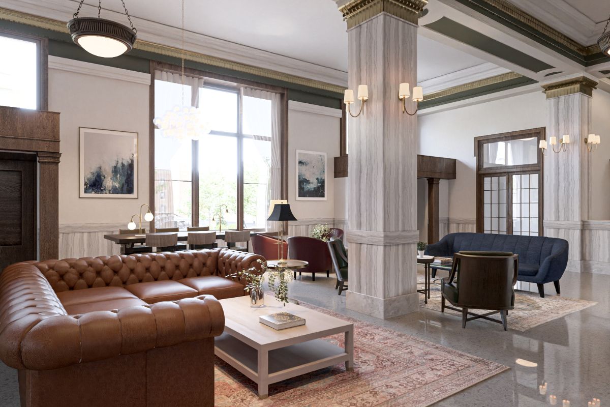 a room with a couch and a rug