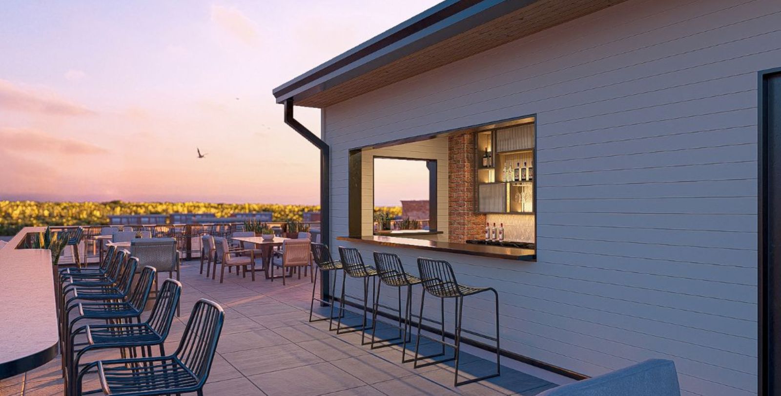 a building with chairs and tables