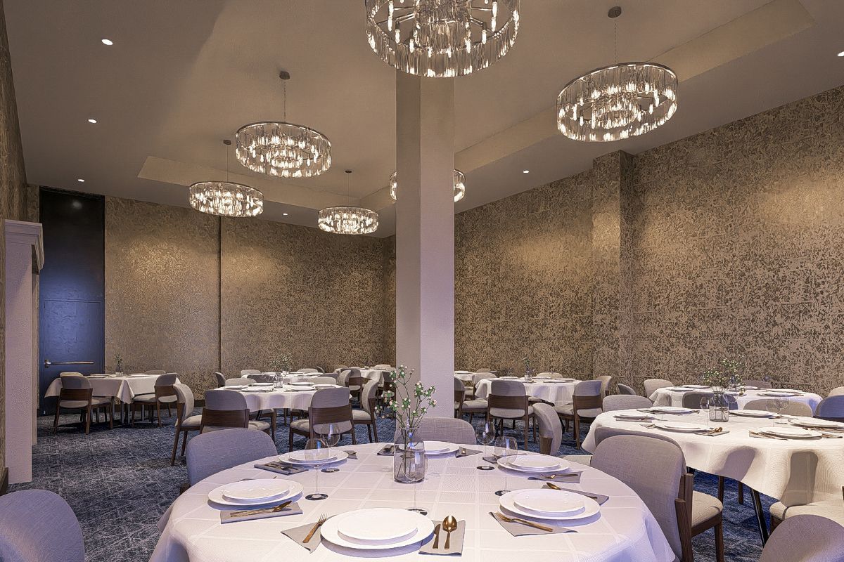 a room with tables and chairs