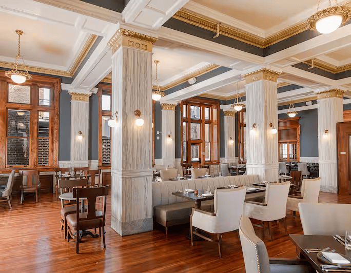 a room with tables and chairs