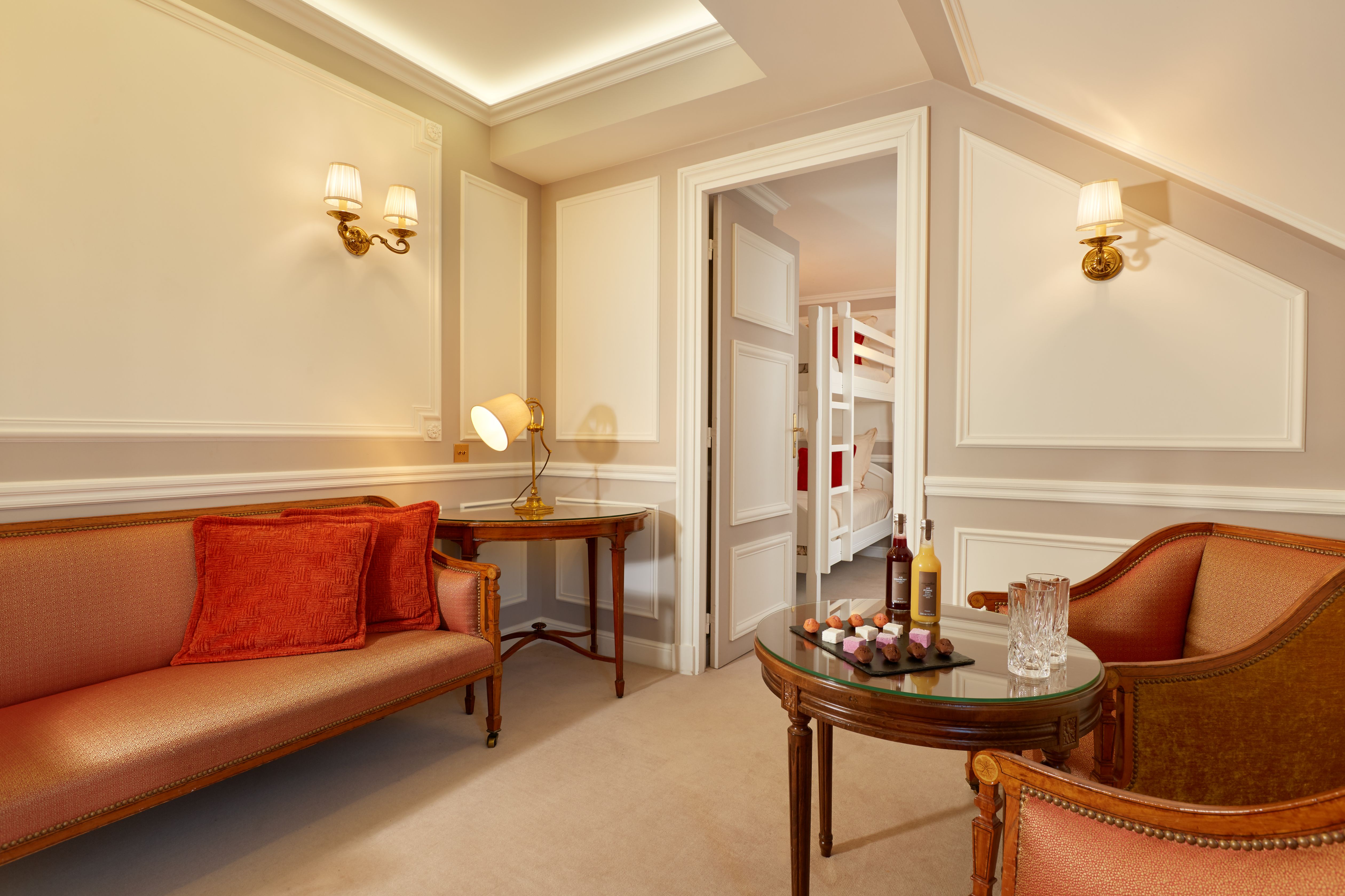 a room with a couch and table
