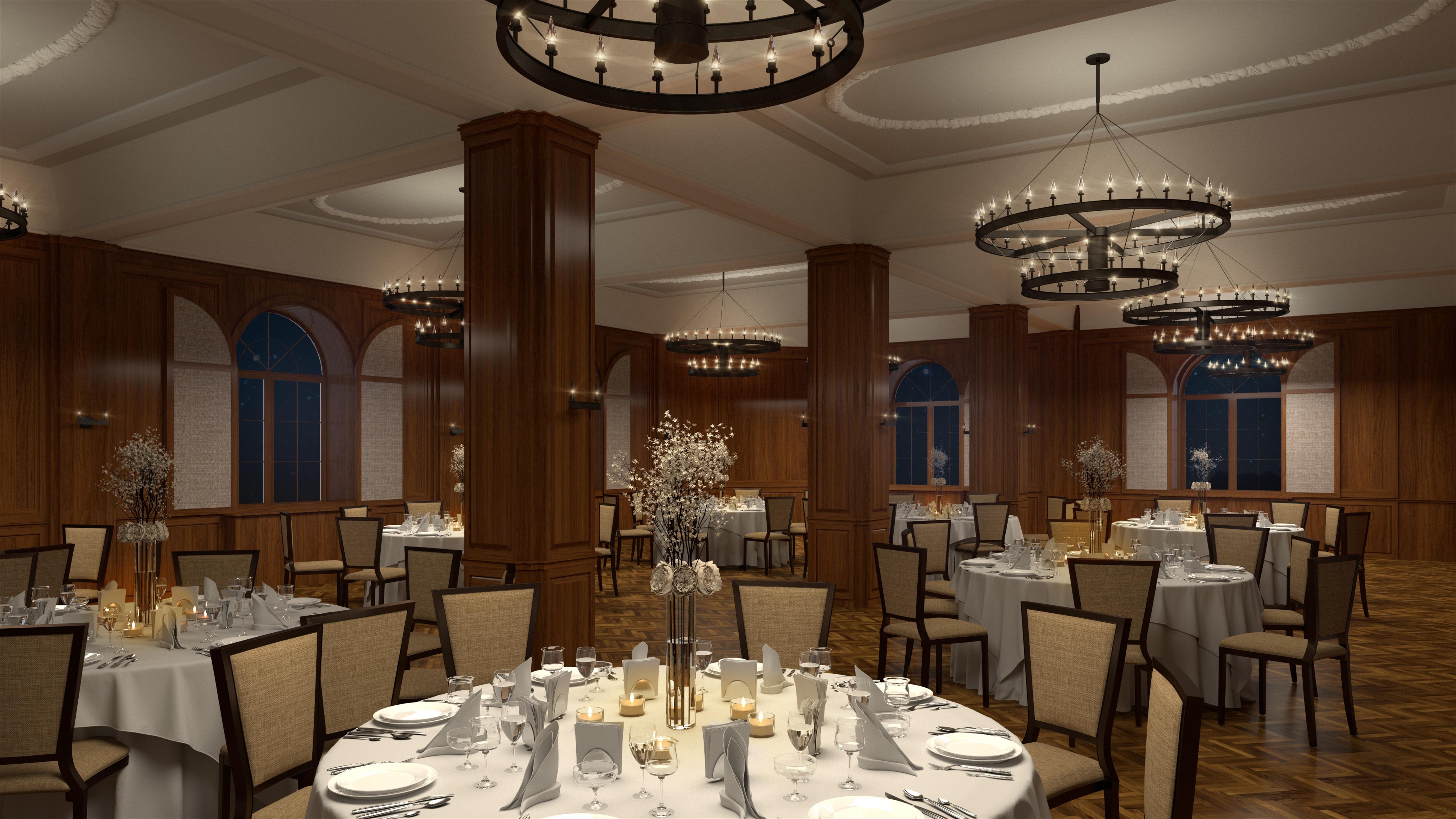 a room with tables and chairs