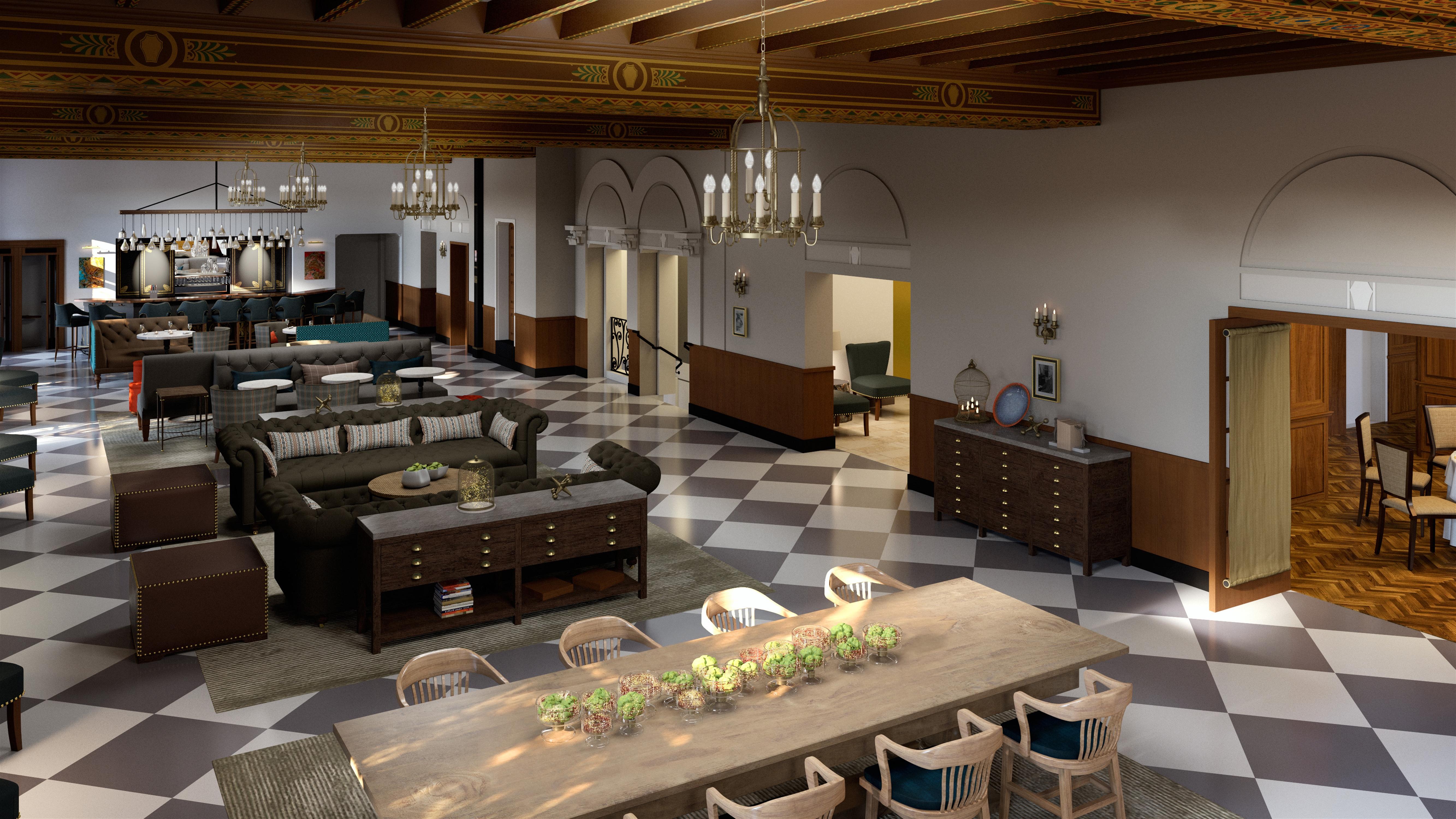 a room with a table and chairs