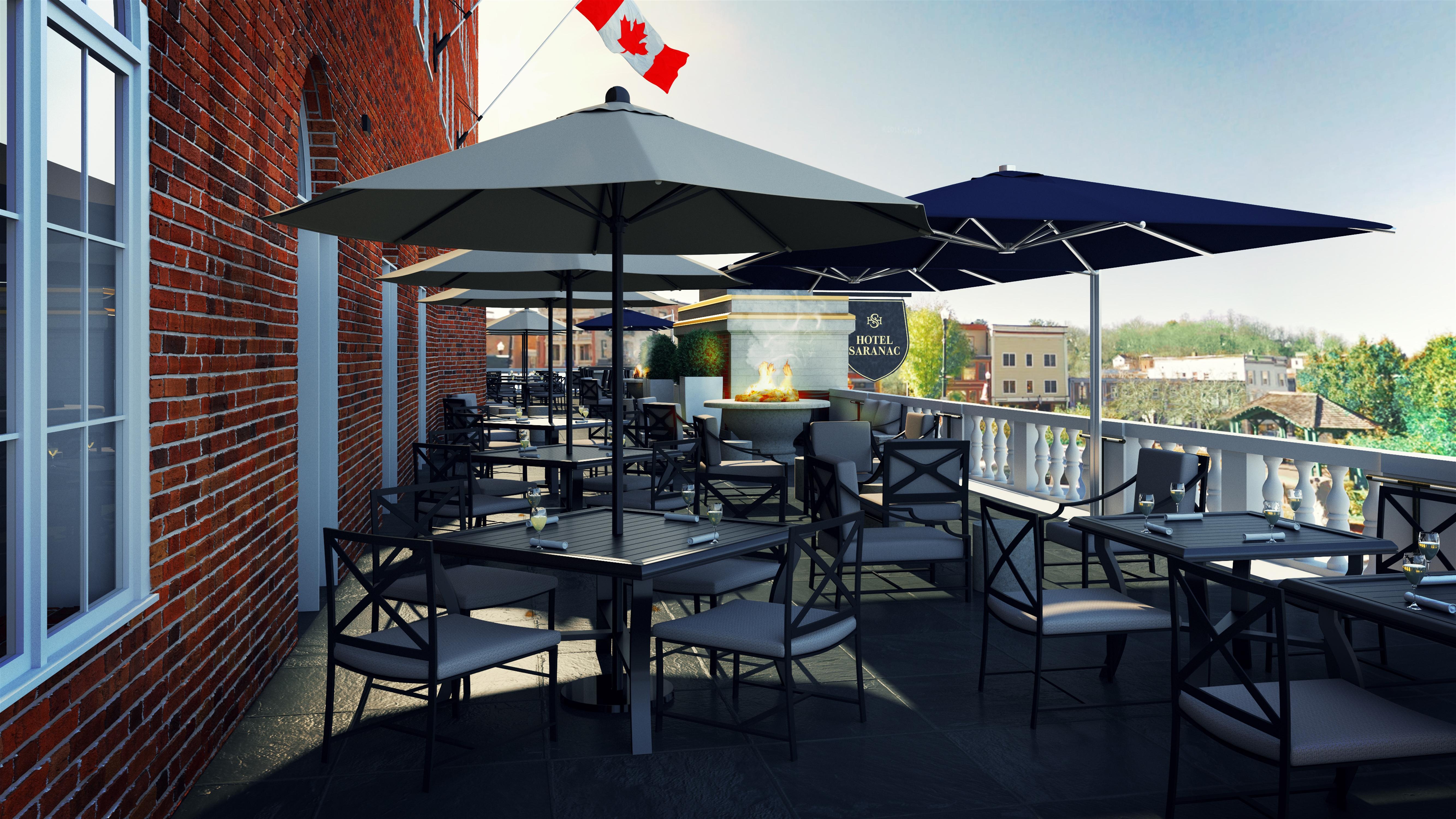 a patio with chairs and umbrellas