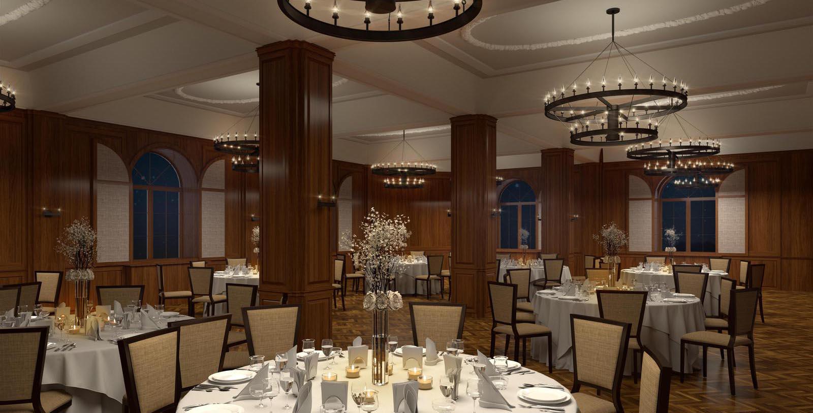 a room with tables and chairs