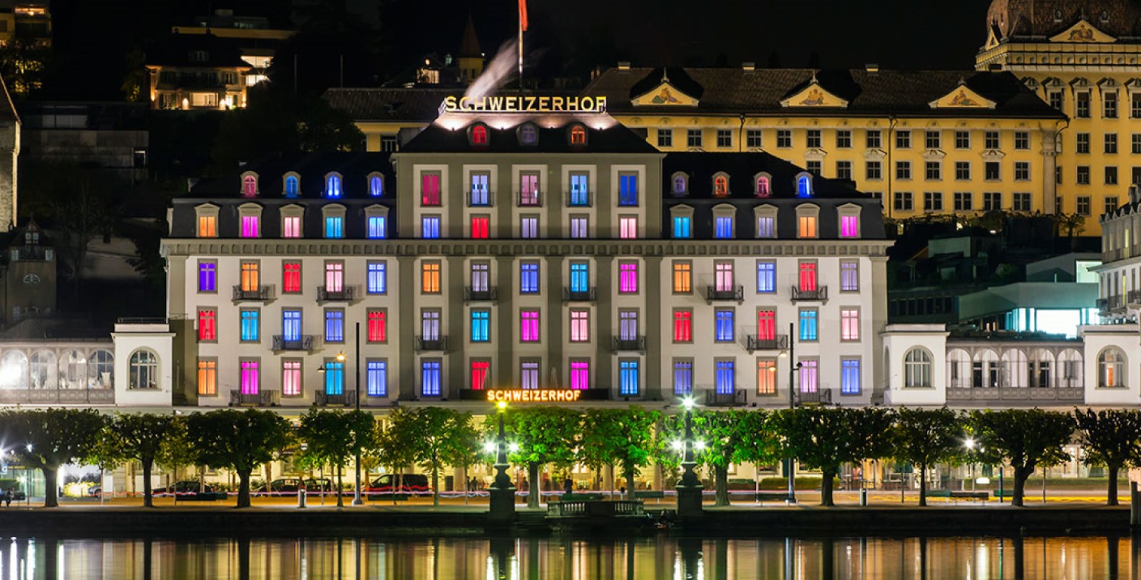 a building with many colorful lights