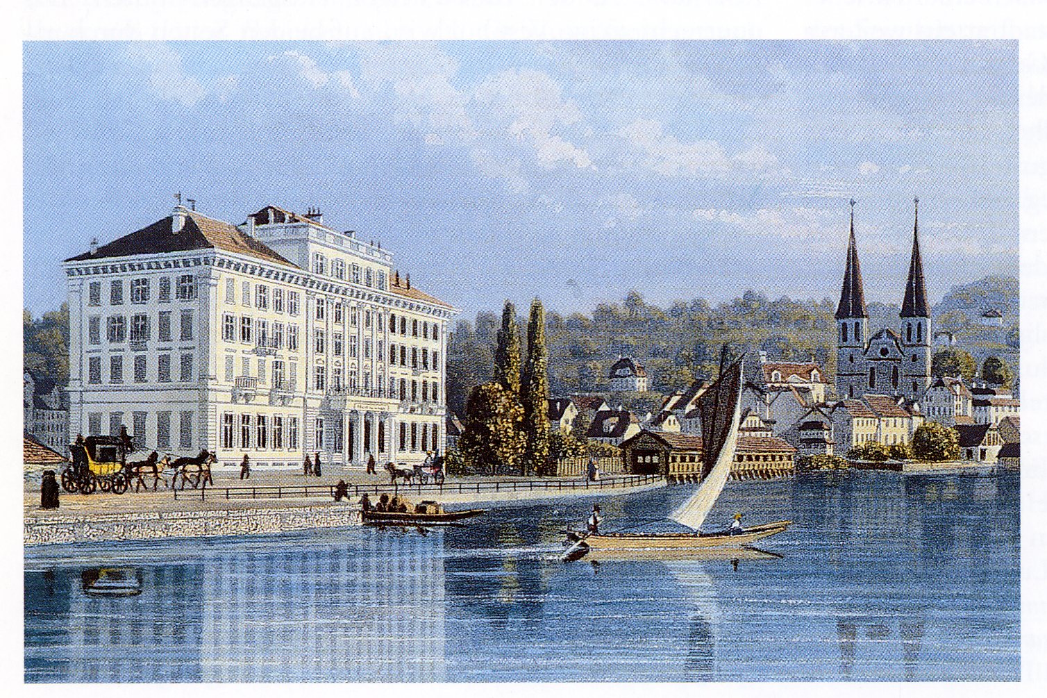 a painting of a city with a boat on the water