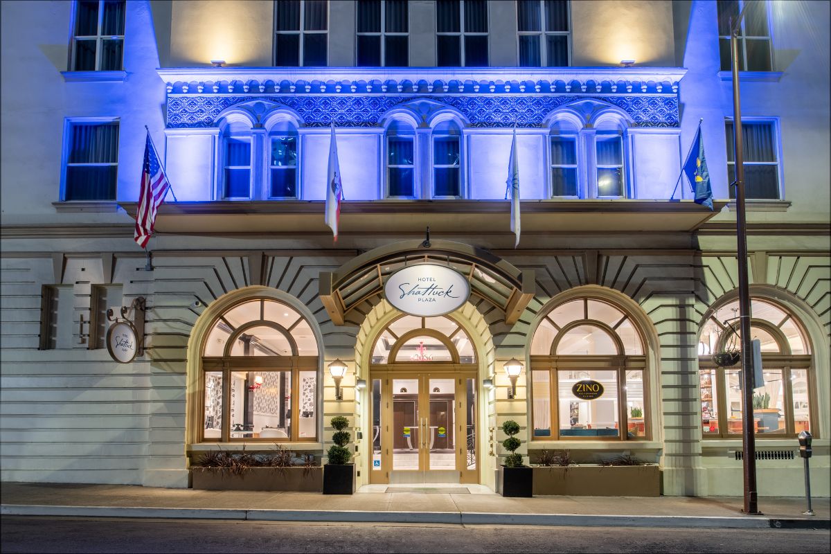 a building with flags on the front