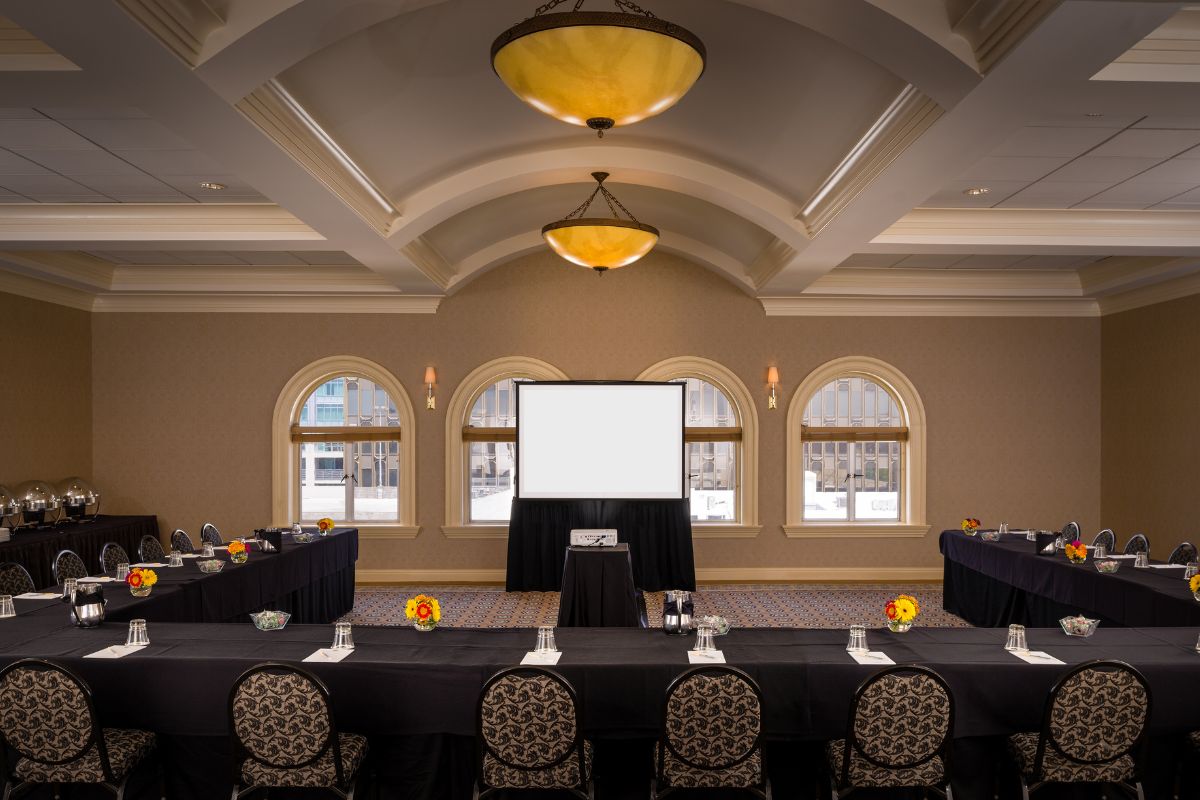 a room with a large screen