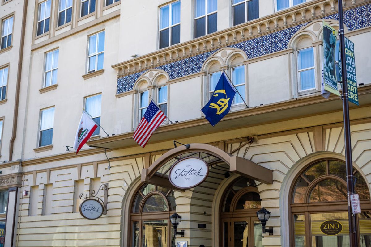 flags on the front of a building