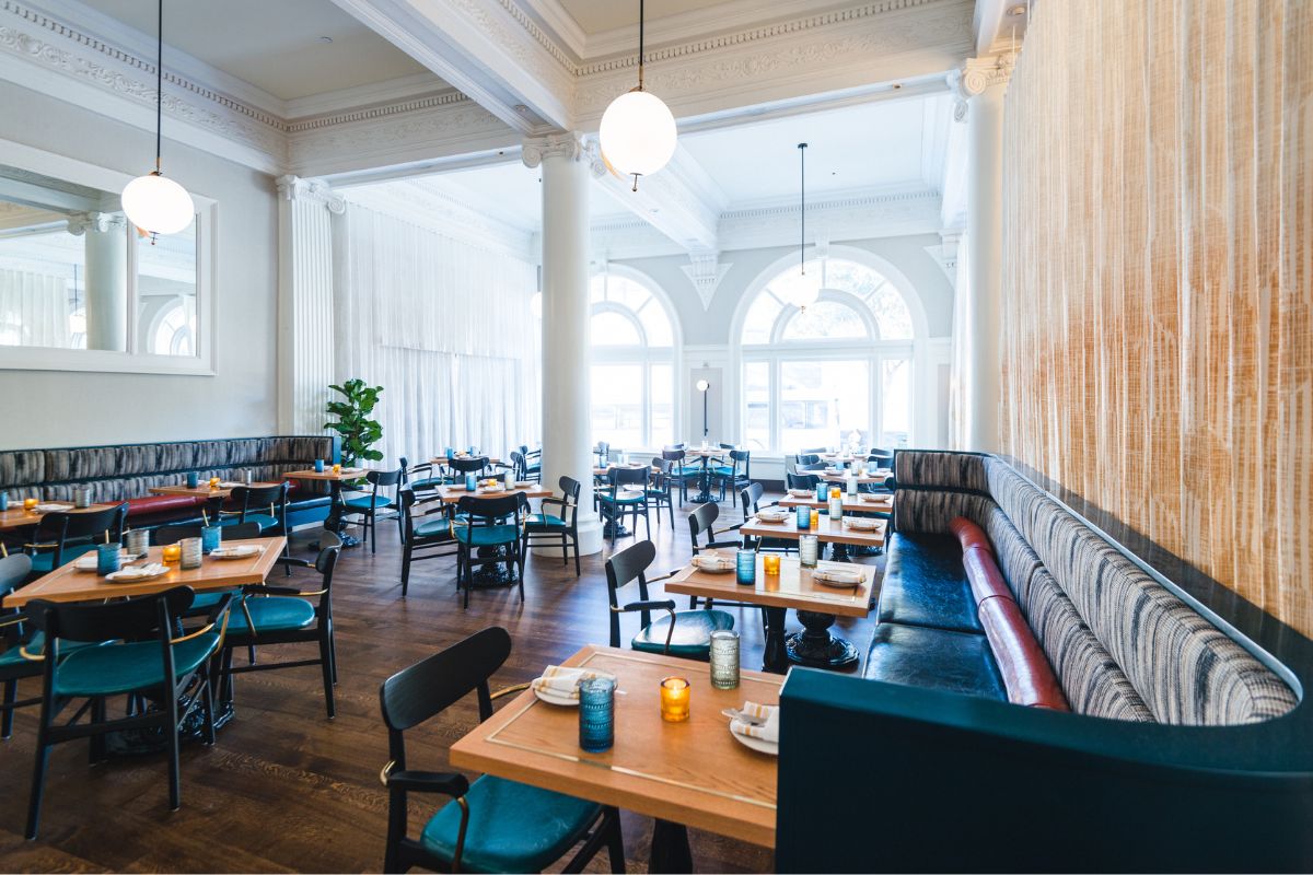 a restaurant with tables and benches