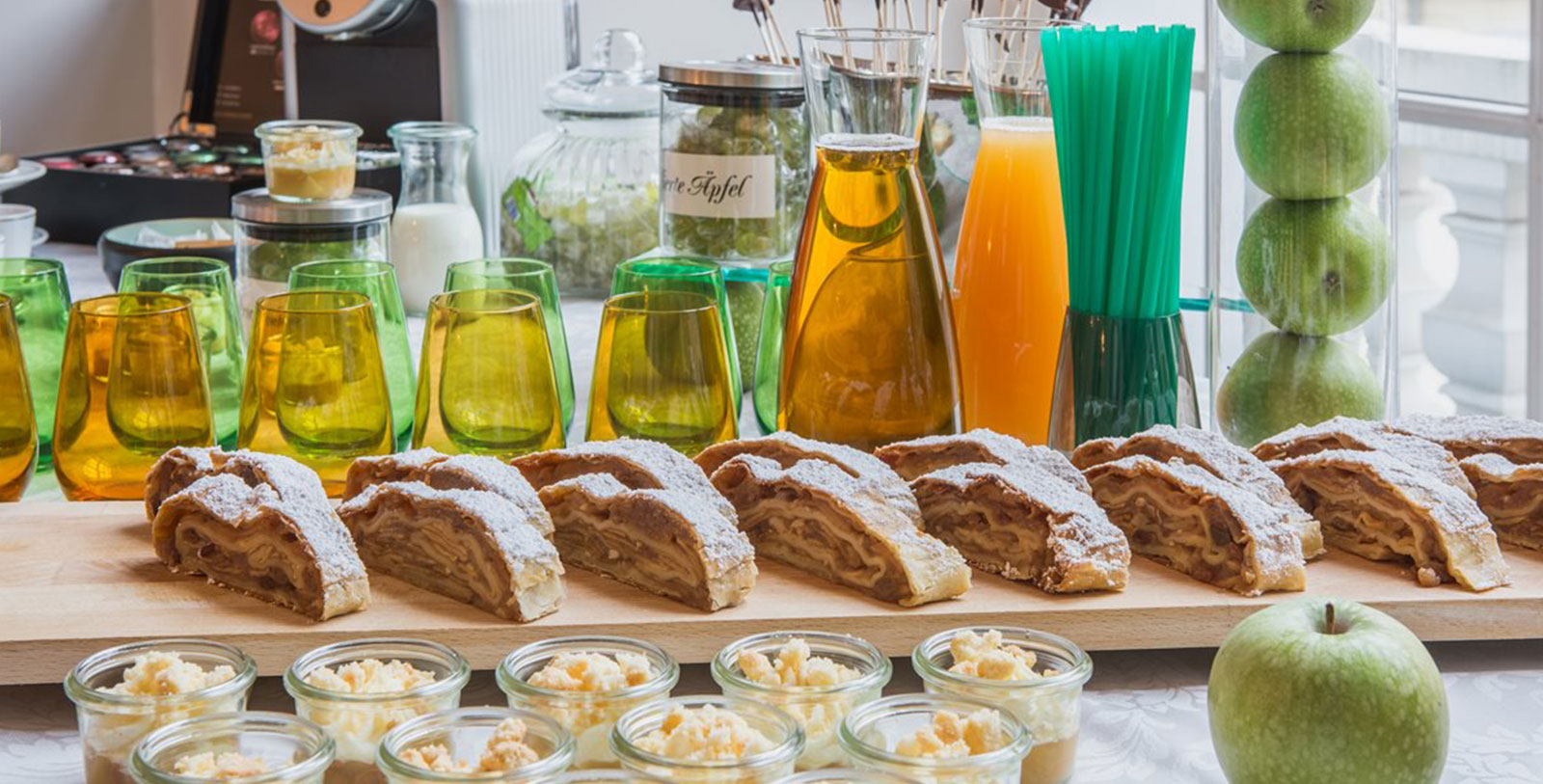 a table with food and drinks