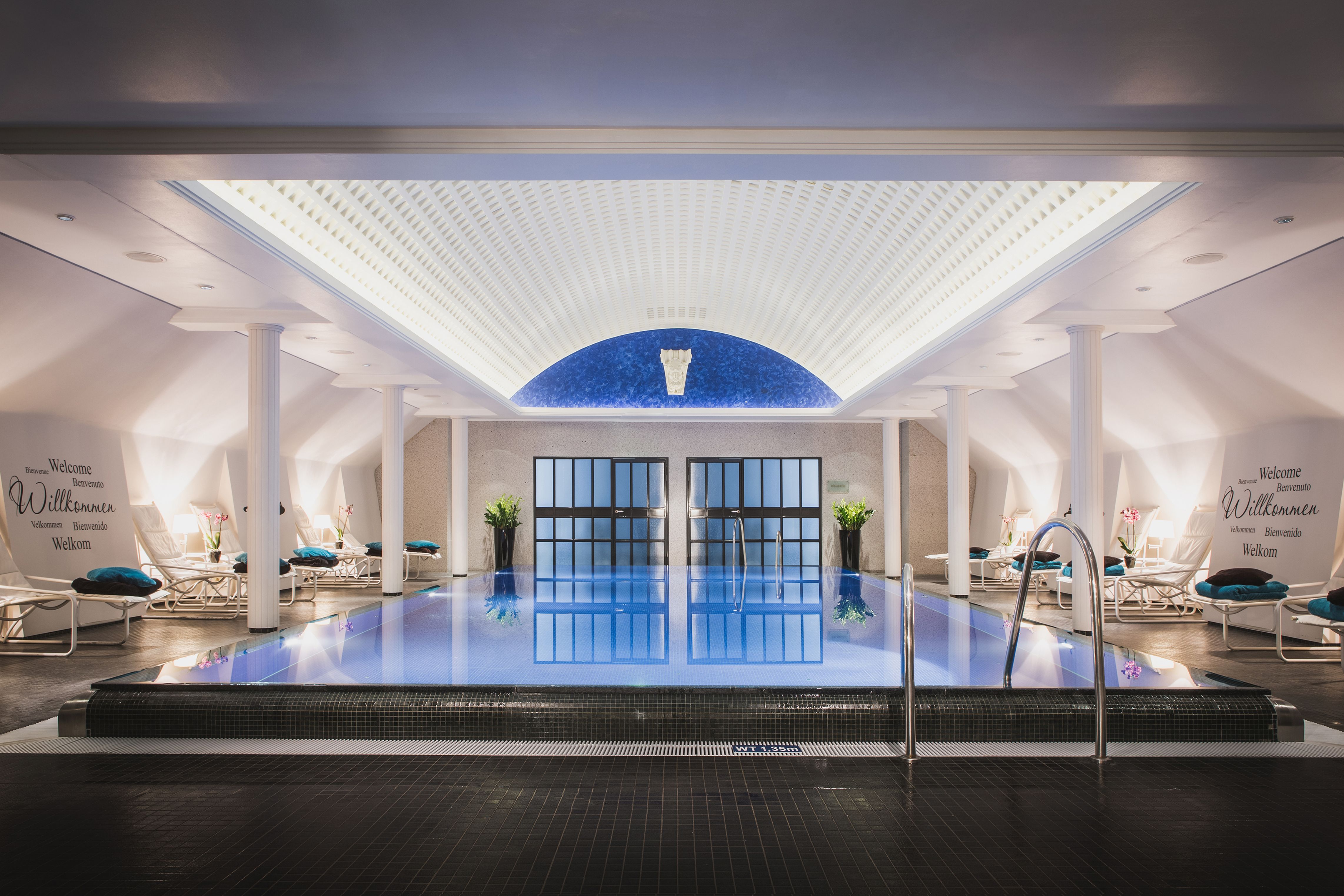 a swimming pool inside a building