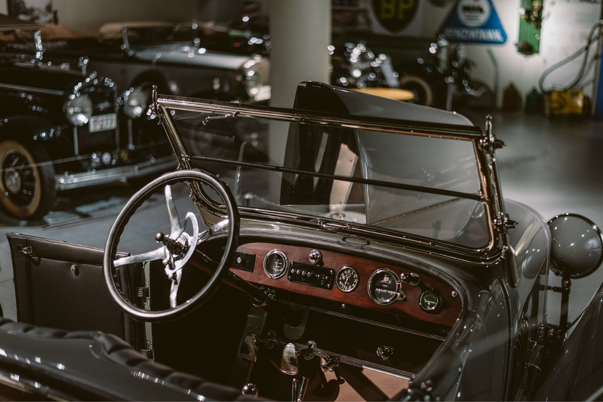 a steering wheel and dashboard of a car