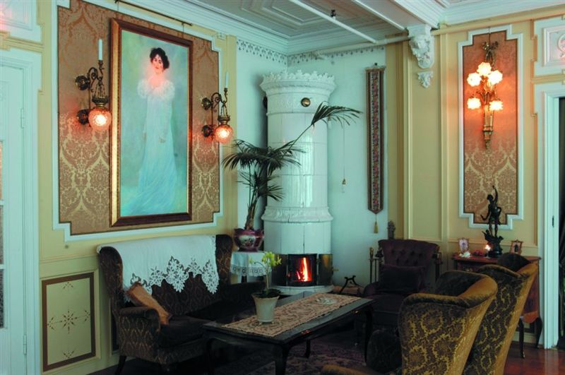 a room with a fireplace and a couch