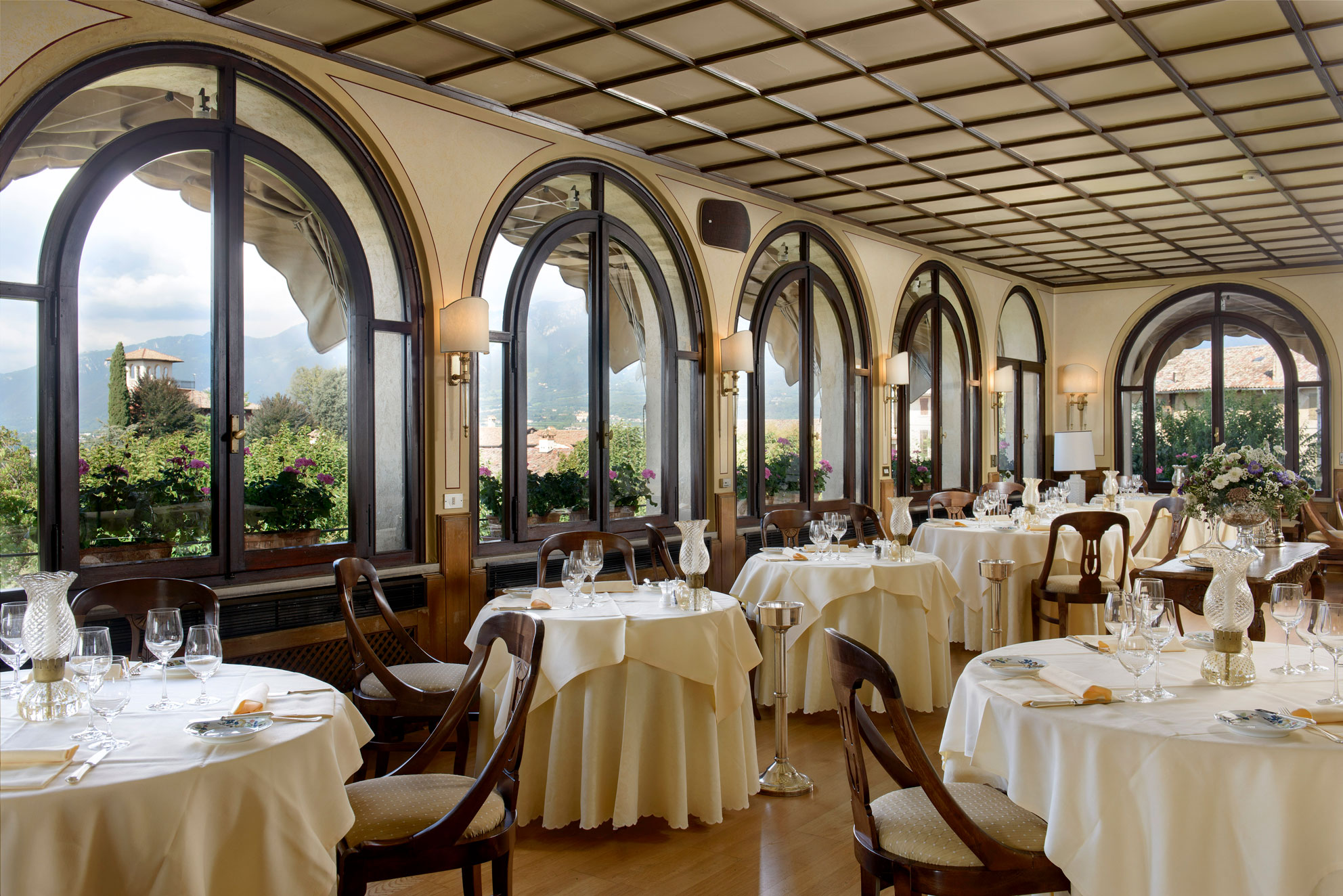 a room with tables and chairs