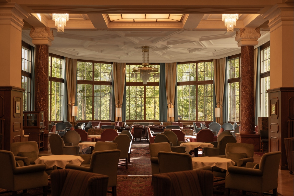 a room with tables and chairs