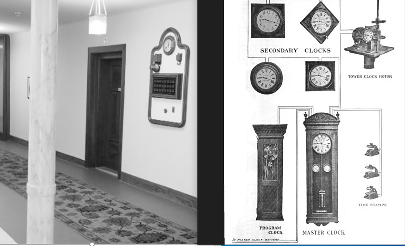 a collage of clocks and a door