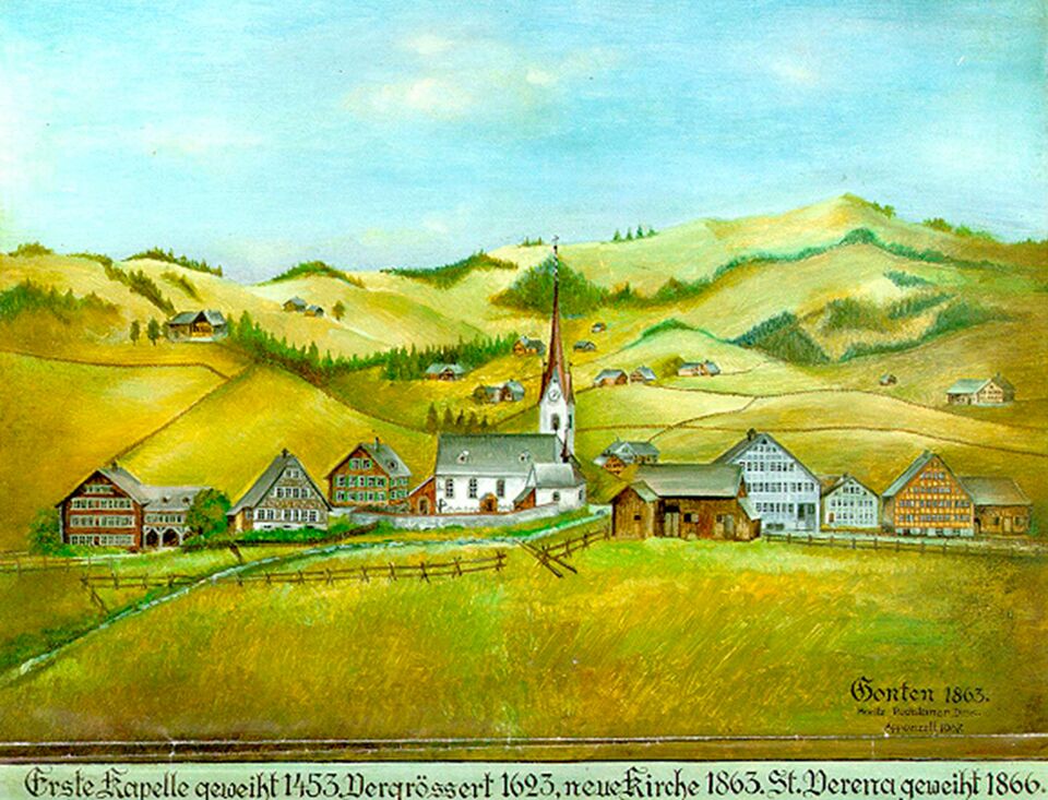 a painting of a village in the mountains