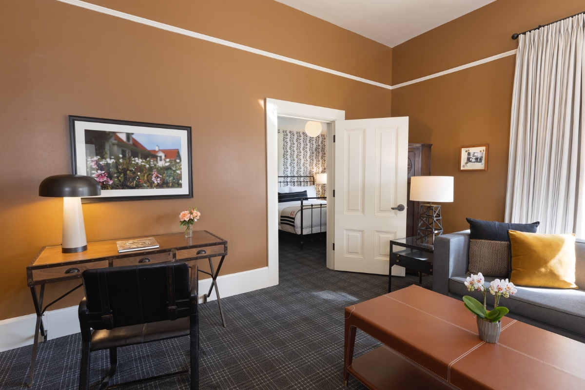 a room with a desk and chair