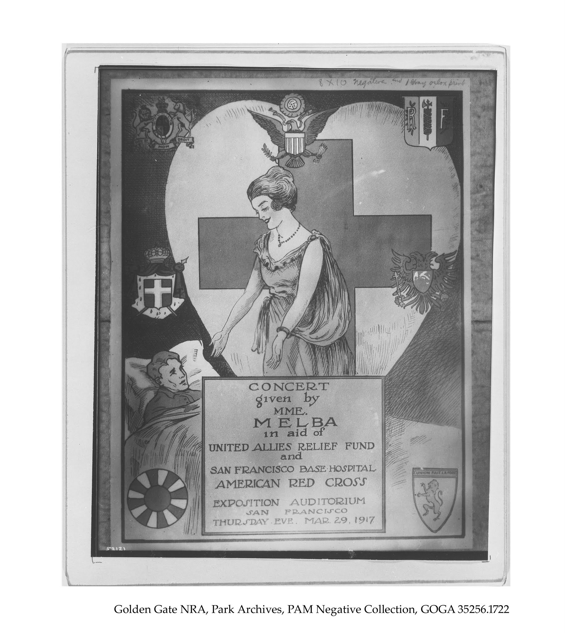 a black and white photo of a woman holding a red cross