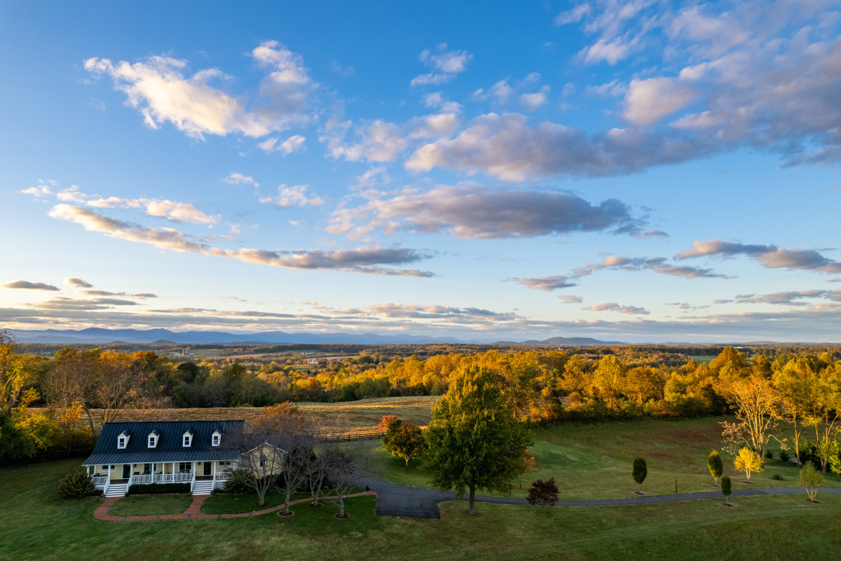 a house in a field with trees and a road