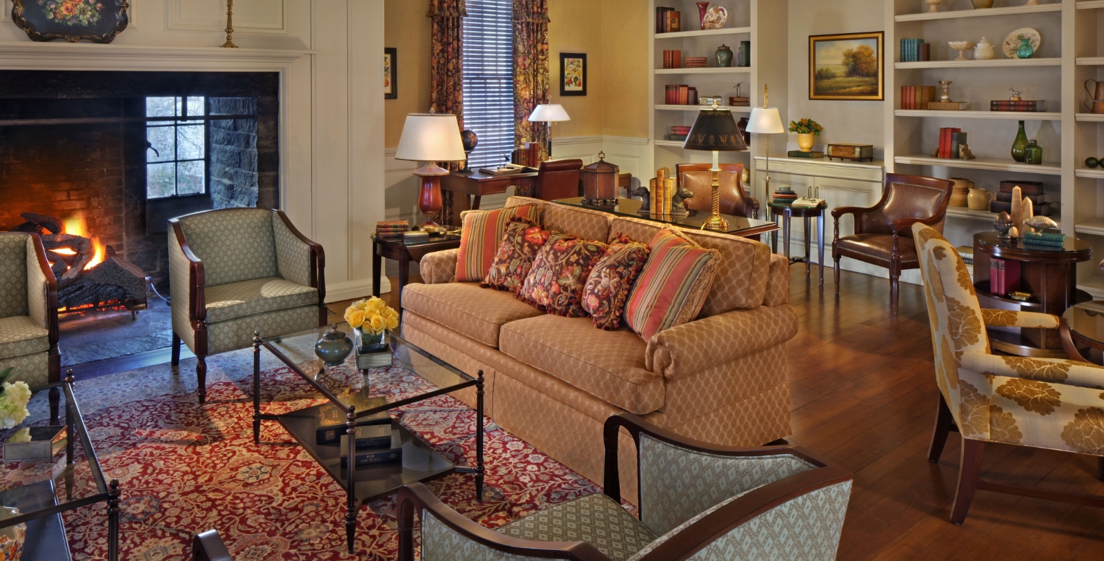 a living room with a couch and a table