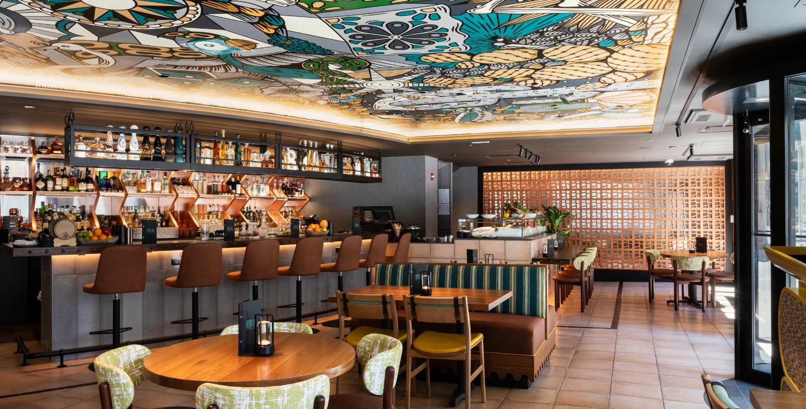 a restaurant with tables and chairs