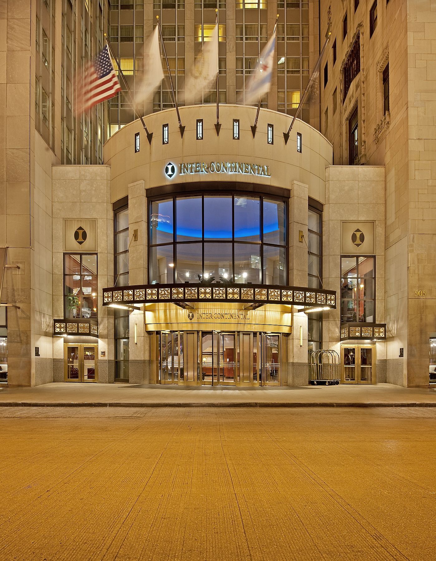 a building with flags on the front
