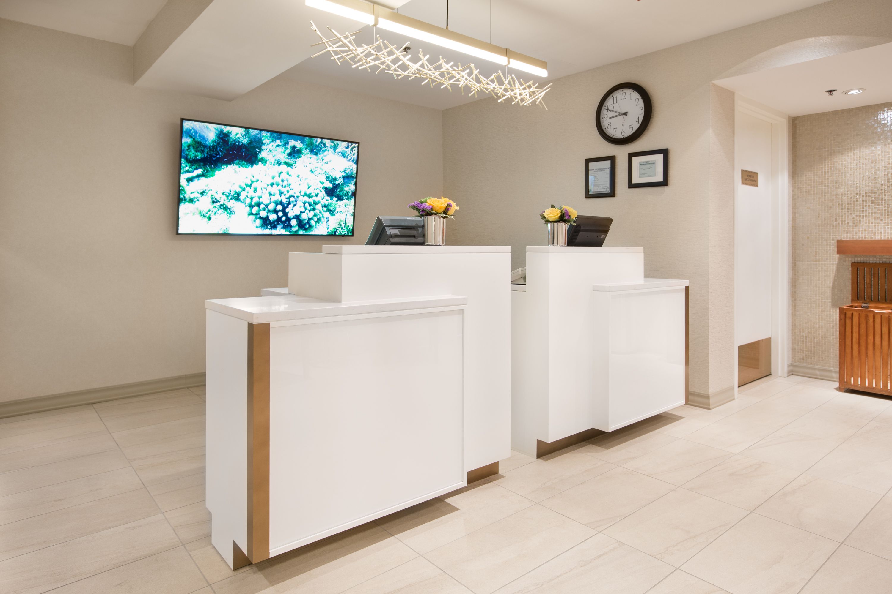 a reception desks in a lobby
