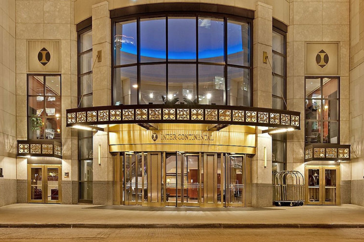 a building with a glass front entrance
