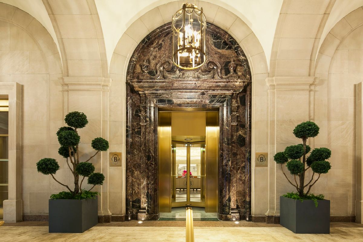 a elevator with a gold door and two plants