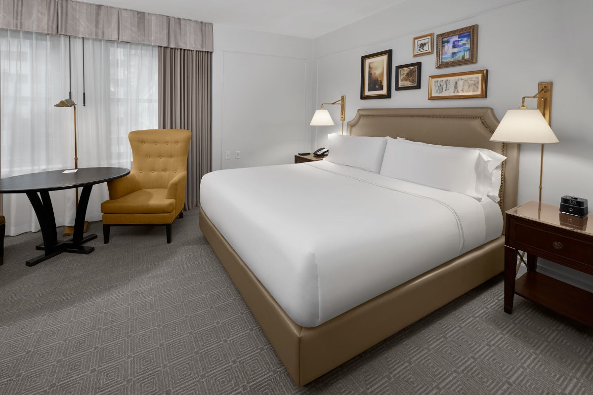 a bed in a hotel room