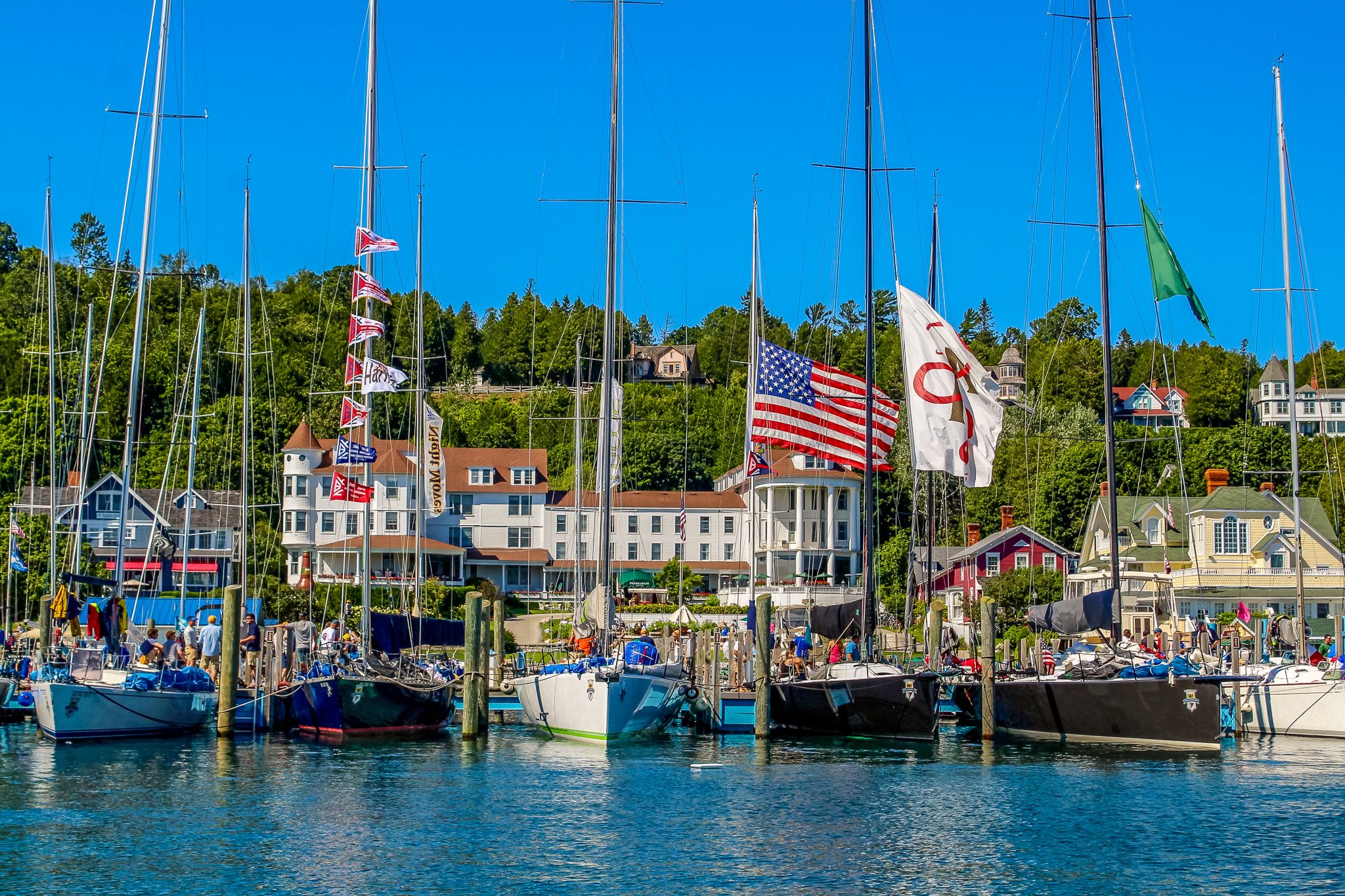 a group of boats in a harbor