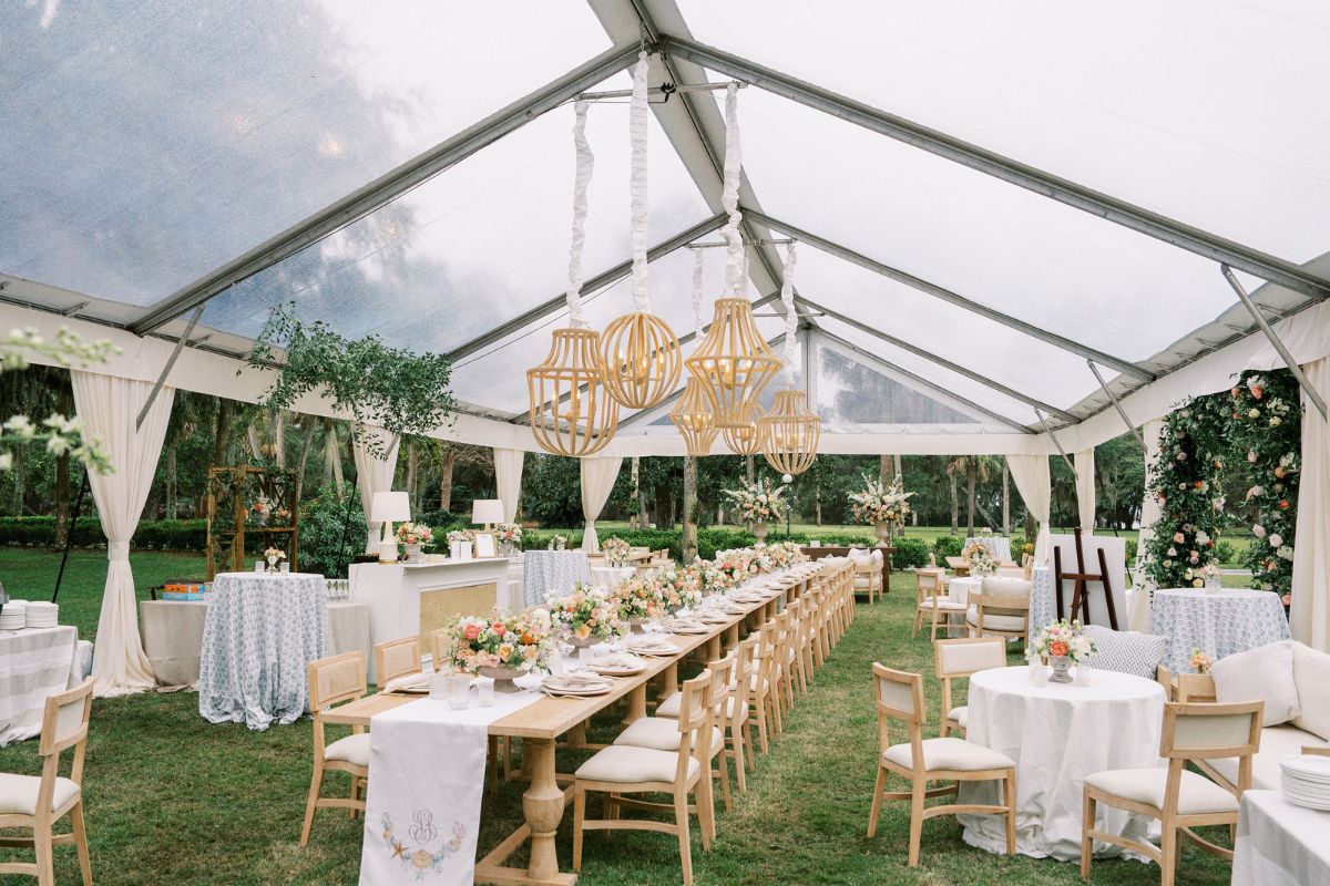 a long table set up for a wedding reception