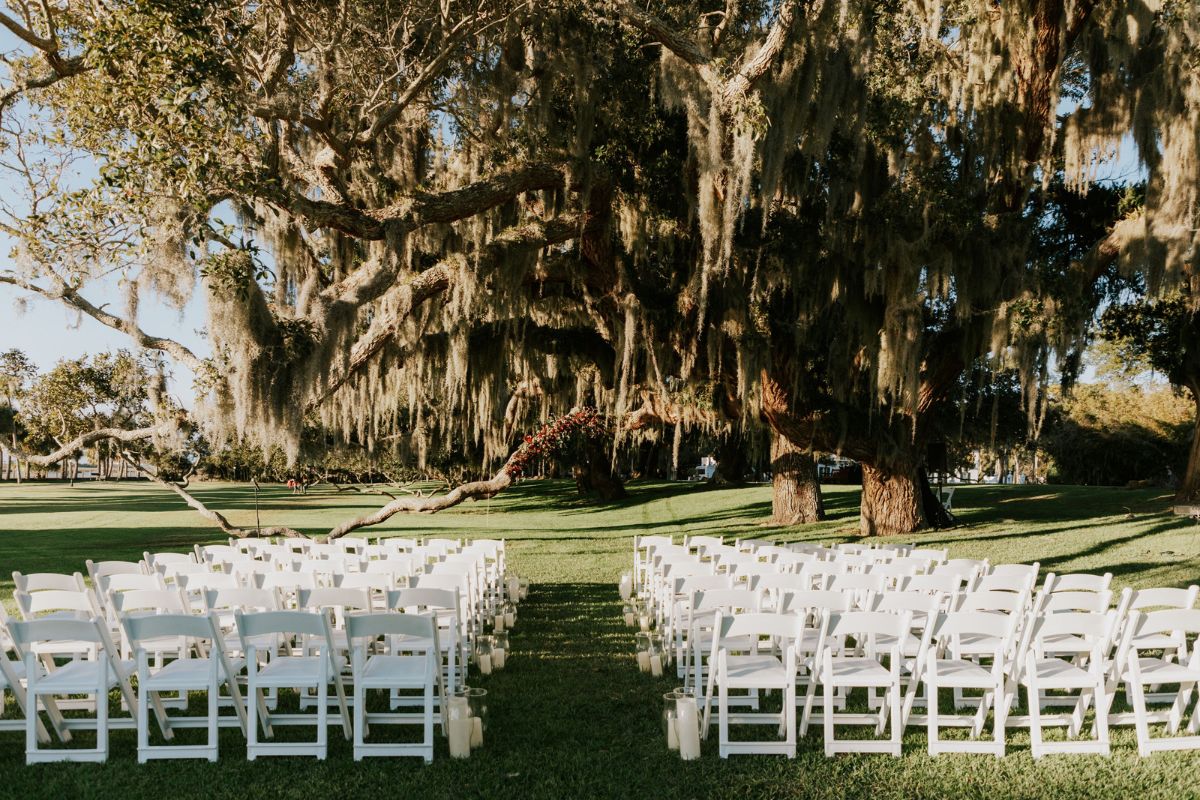 a group of white chairs in a park