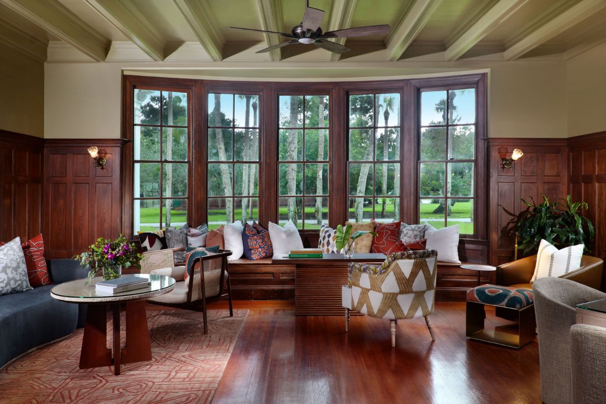 a living room with a large window