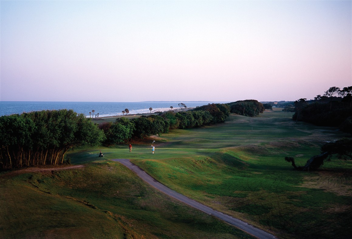 a golf course with trees and water in the background