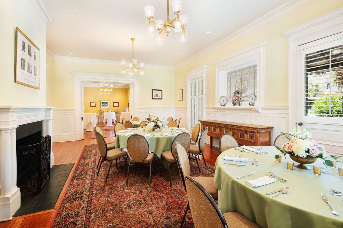 a room with tables and chairs