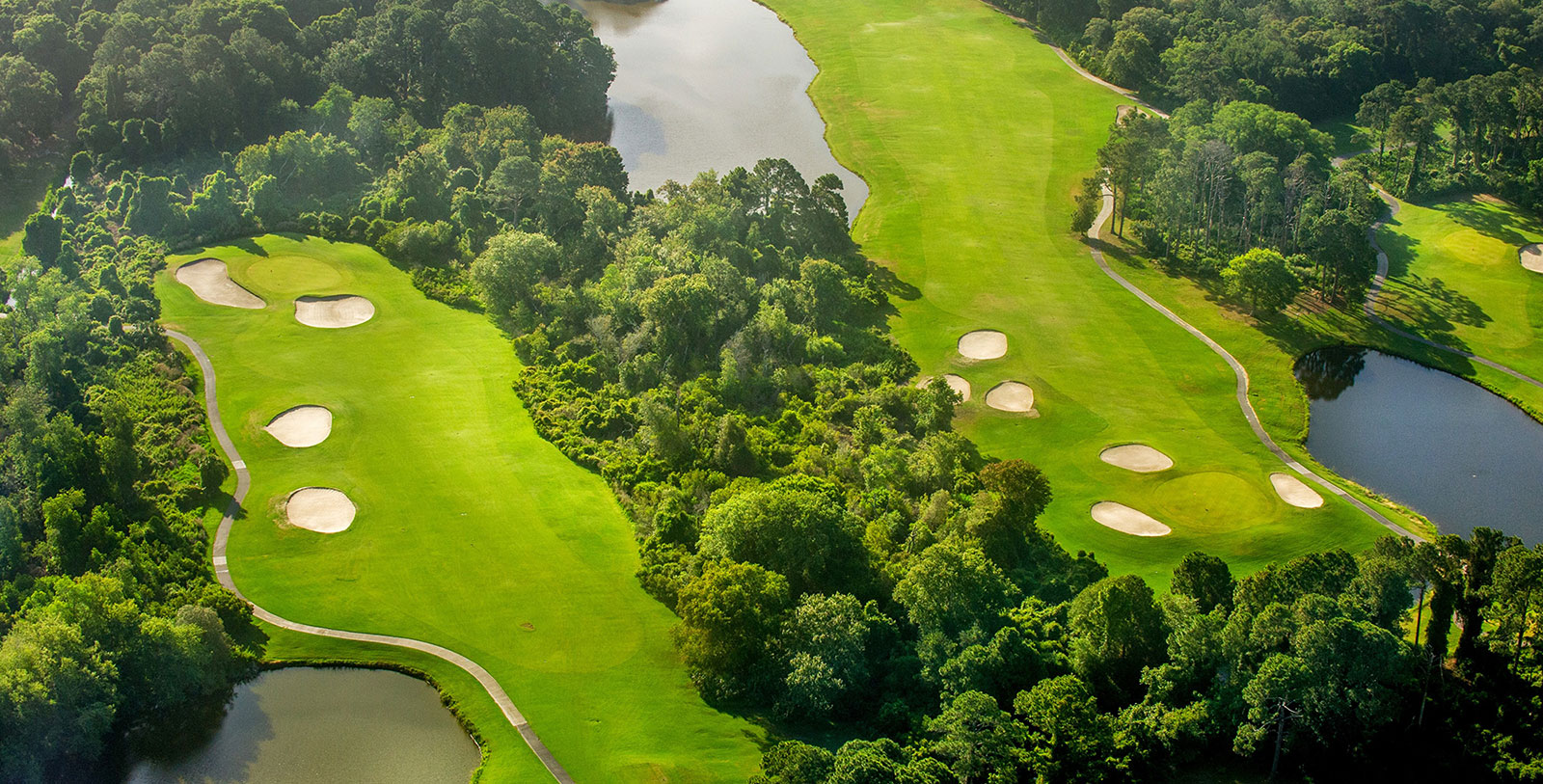 a golf course with water and trees